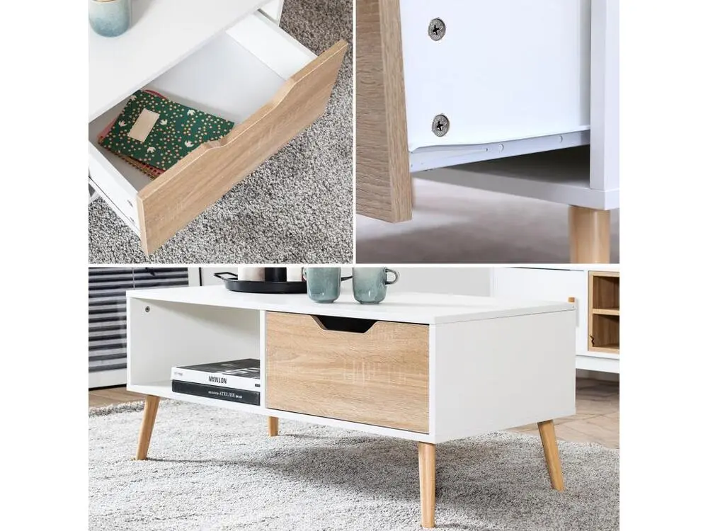 Table basse avec tiroir style scandinave blanche FREJA