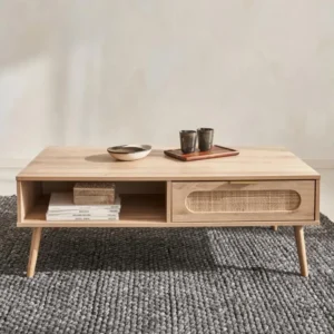 Table basse. Eva. scandinave en cannage arrondi et en décor bois. 1 tiroir réversible L110 x l59 x H39cm