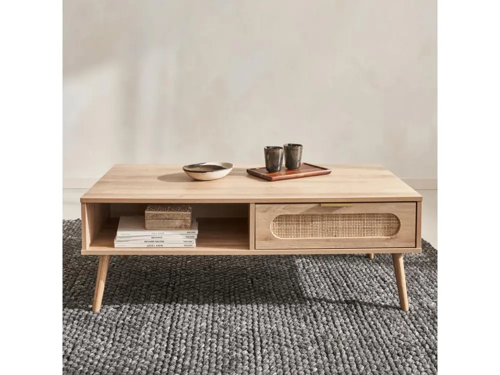 Table basse. Eva. scandinave en cannage arrondi et en décor bois. 1 tiroir réversible L110 x l59 x H39cm