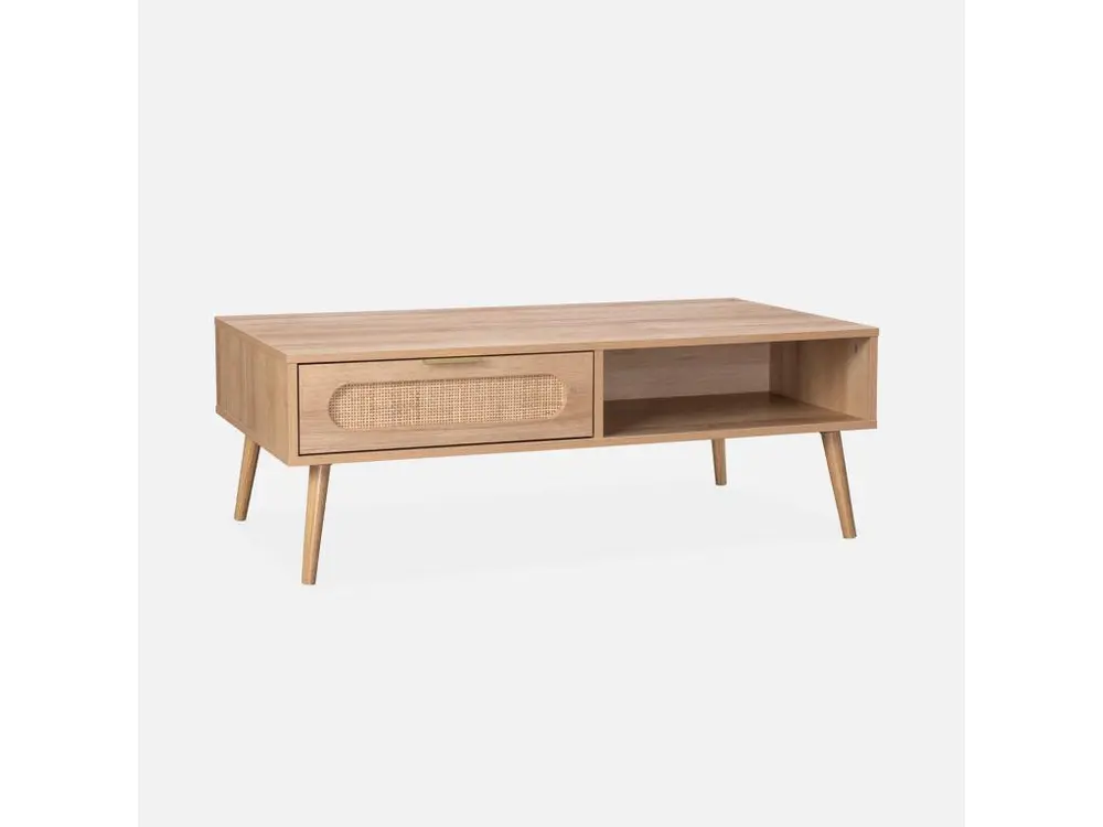 Table basse. Eva. scandinave en cannage arrondi et en décor bois. 1 tiroir réversible L110 x l59 x H39cm