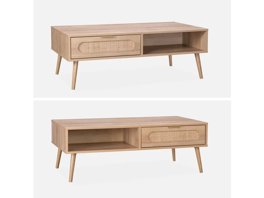 Table basse. Eva. scandinave en cannage arrondi et en décor bois. 1 tiroir réversible L110 x l59 x H39cm