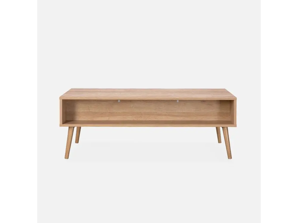 Table basse. Eva. scandinave en cannage arrondi et en décor bois. 1 tiroir réversible L110 x l59 x H39cm