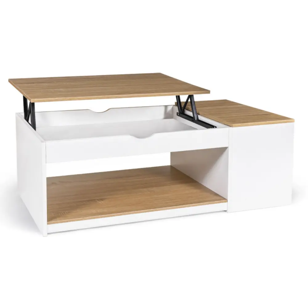 Table basse plateau relevable rectangulaire elea avec coffre bois blanc et façon hêtre