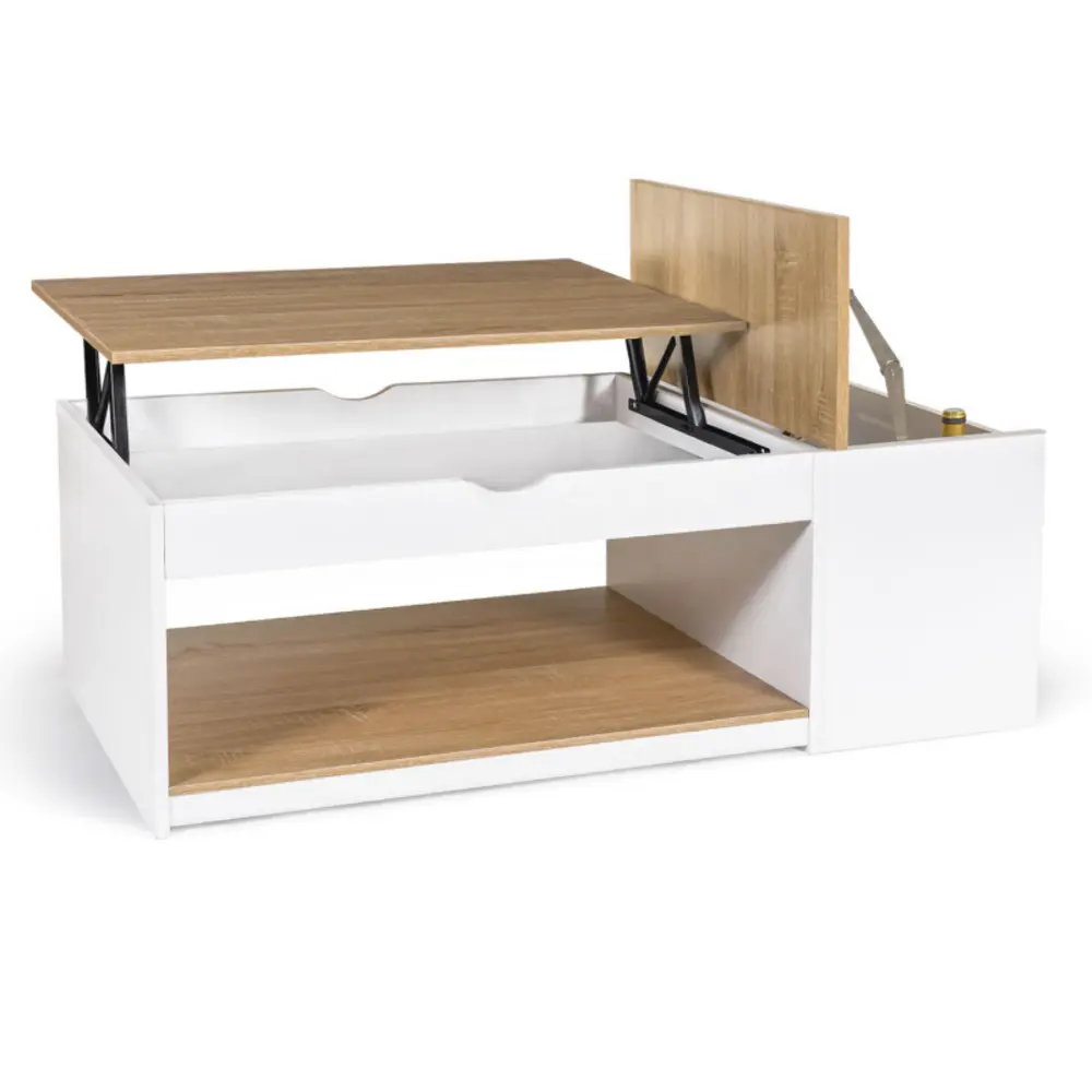 Table basse plateau relevable rectangulaire elea avec coffre bois blanc et façon hêtre