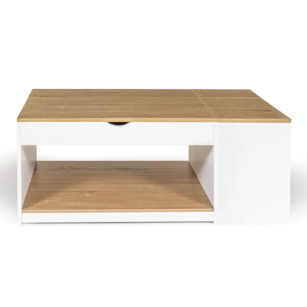 Table basse plateau relevable rectangulaire elea avec coffre bois blanc et façon hêtre