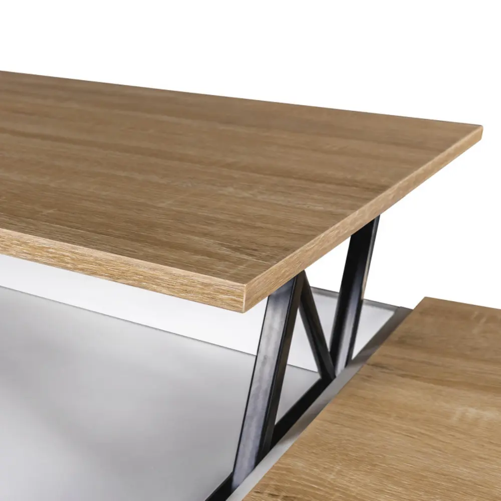 Table basse plateau relevable rectangulaire elea avec coffre bois blanc et façon hêtre