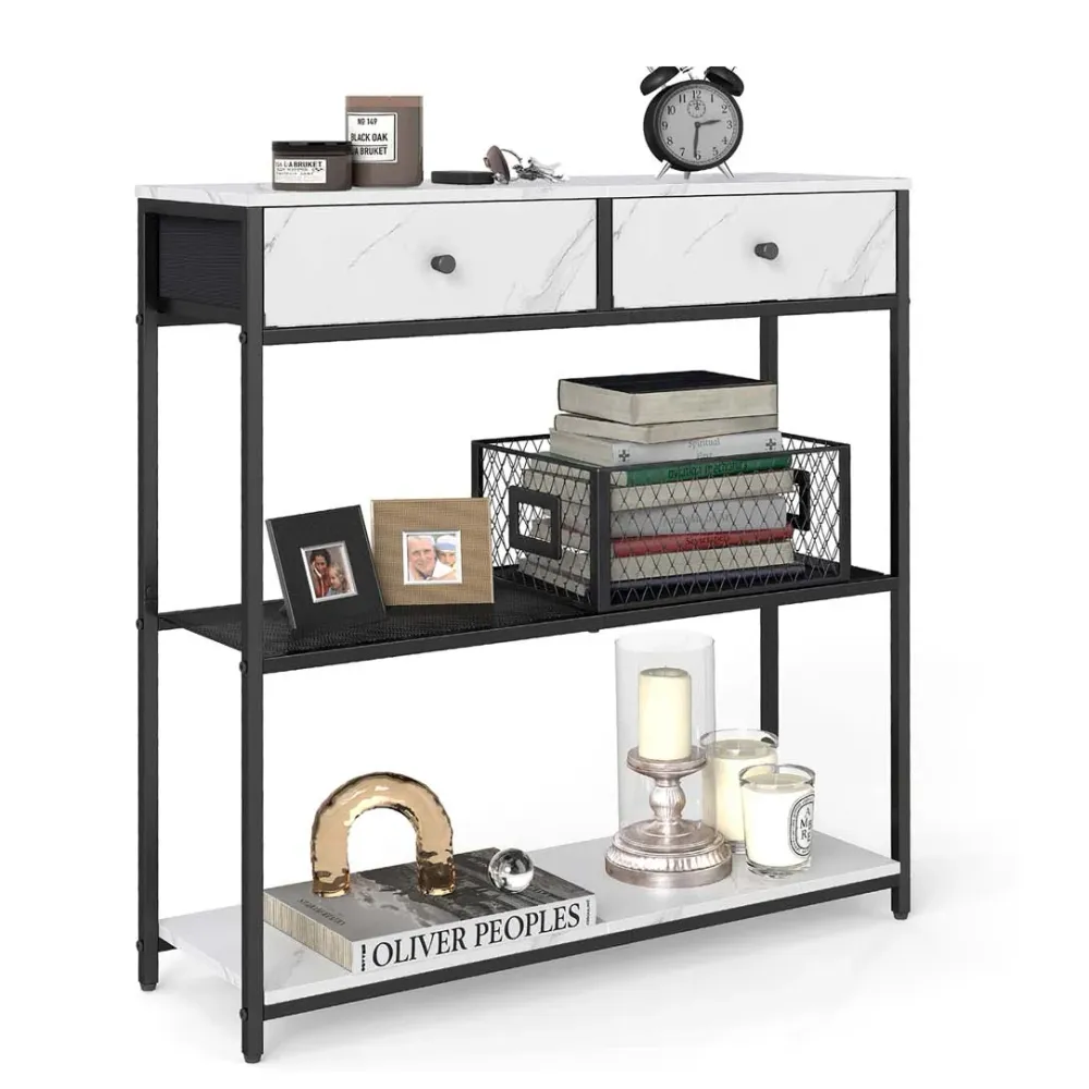 Table console d'entrée étroite avec 2 tiroirs en tissu meuble console bout de canapé sur 3 niveaux 24 x 76 x 80 cm pour en...