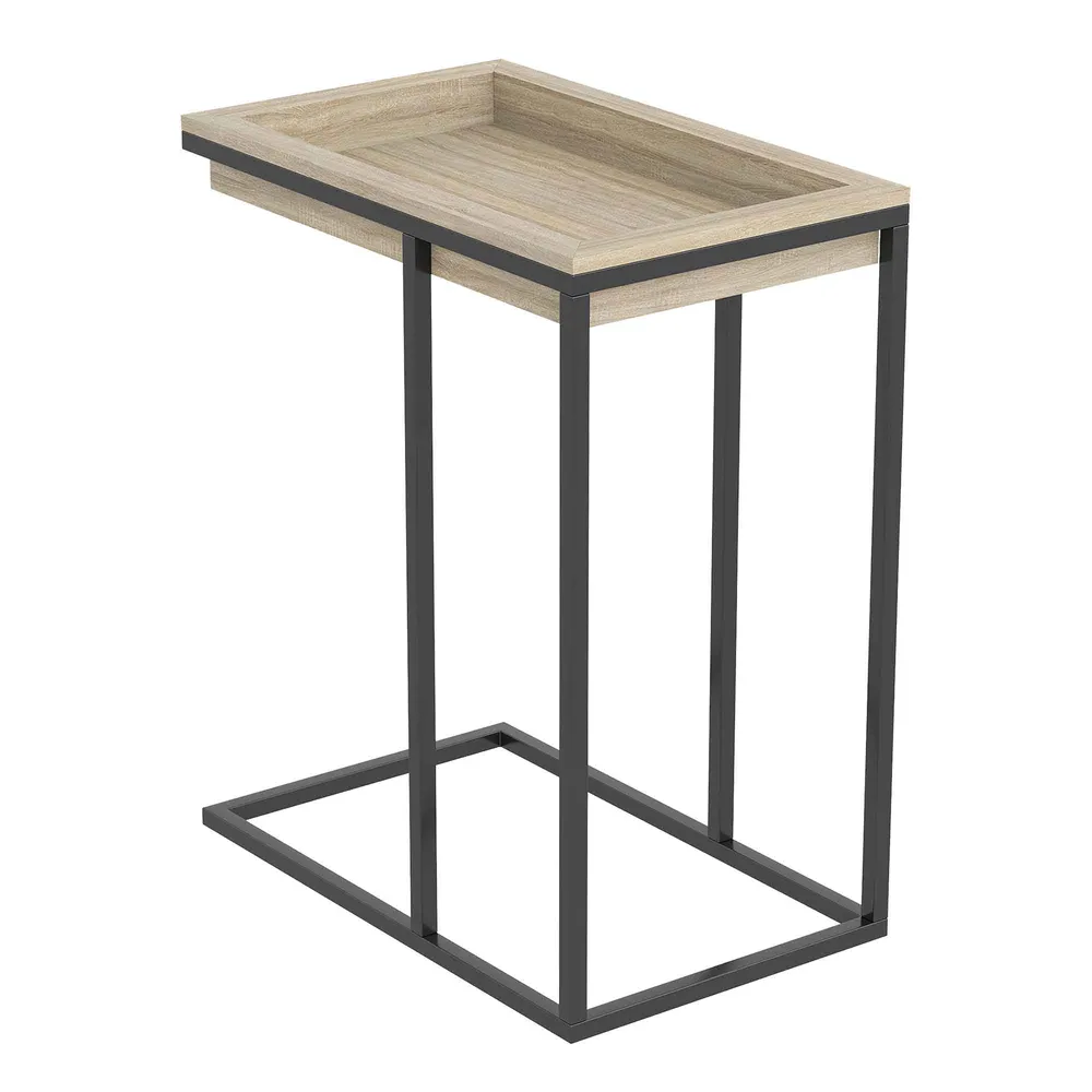 Table d'appoint en forme de C avec plateau encastré d'aspect bois récupéré et base en métal noir, 20,25" x 12,5" x 24,25"