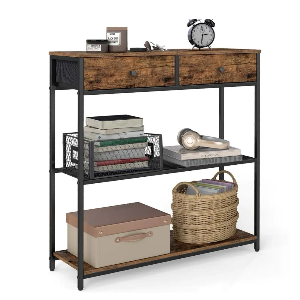 Table d'entrée étroite avec 2 tiroirs en tissu meuble console bout de canapé sur 3 niveaux 24 x 76 x 80 cm pour entrée sal...