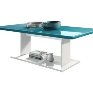 Table de salon table basse en blanc avec plateau de dessus en cyan haute brillance 40 x 120 x 70