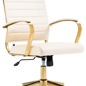 Archivage Premium Fauteuil de bureau design chic dossier ergonomique en similicuir crème cadre métal doré BUR10711