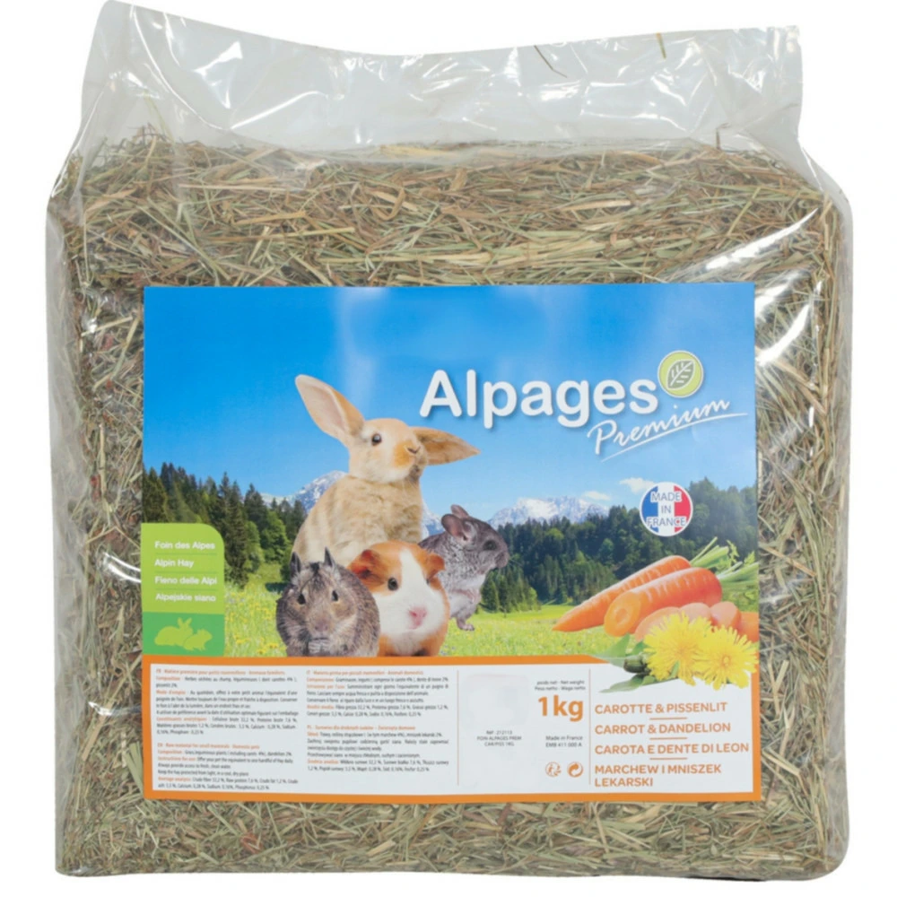 Foin alpage, carotte et pissenlit, 1 kg, pour rongeur. avec 12 Compartiments