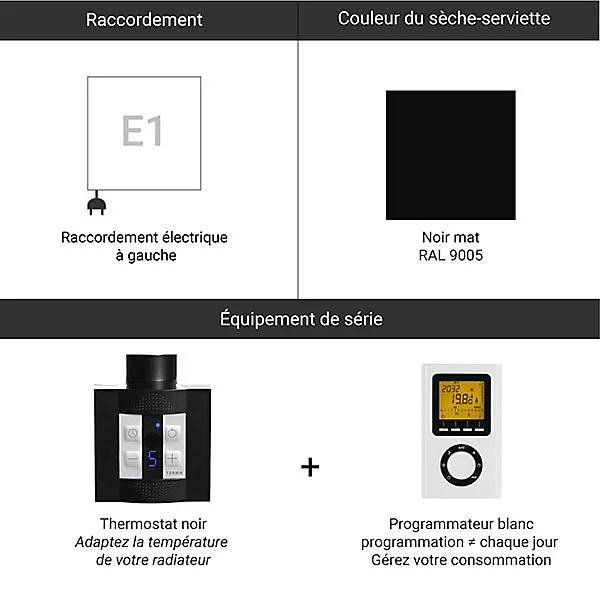Sèche-serviette électrique à mémoire noir - HxL 900x430 mm - 400 Watt - FIO900/430E1NP