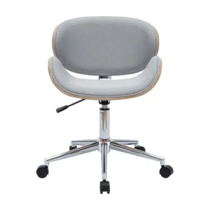 Chaise de bureau à roulettes design en tissu gris net, bois clair et acier chromé WALNUT