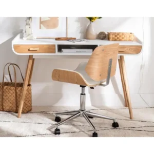 Haute Gamme Confort Chaise de bureau à roulettes design noir, bois sombre noyer et acier chromé RUBBENS