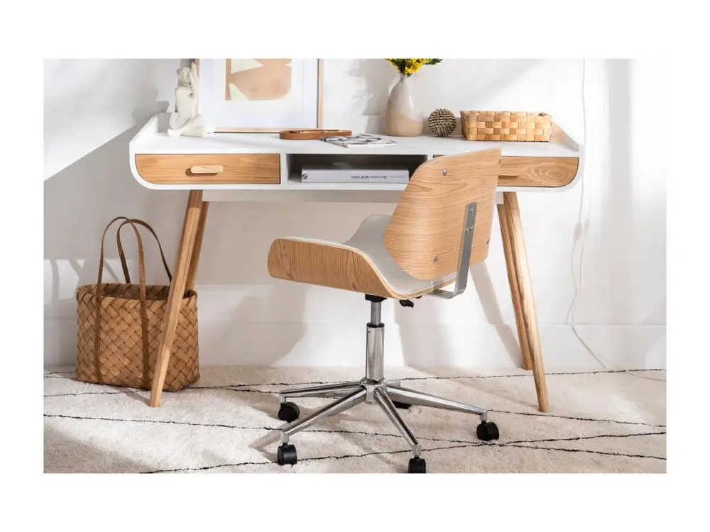Haute Gamme Confort Chaise de bureau à roulettes design noir, bois sombre noyer et acier chromé RUBBENS