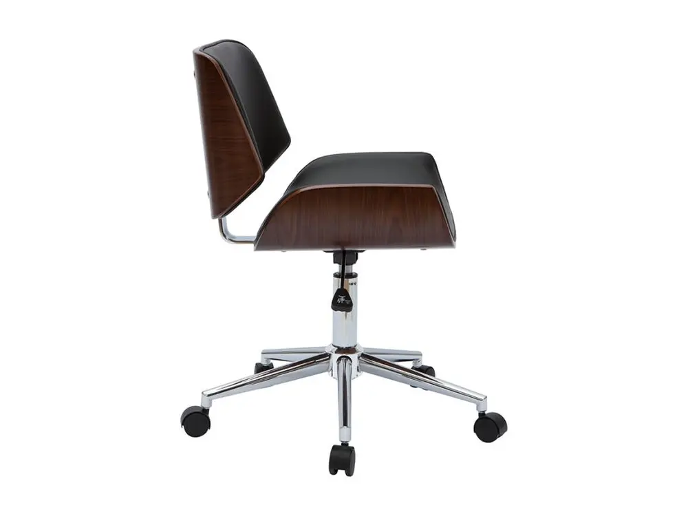 Haute Gamme Confort Chaise de bureau à roulettes design noir, bois sombre noyer et acier chromé RUBBENS
