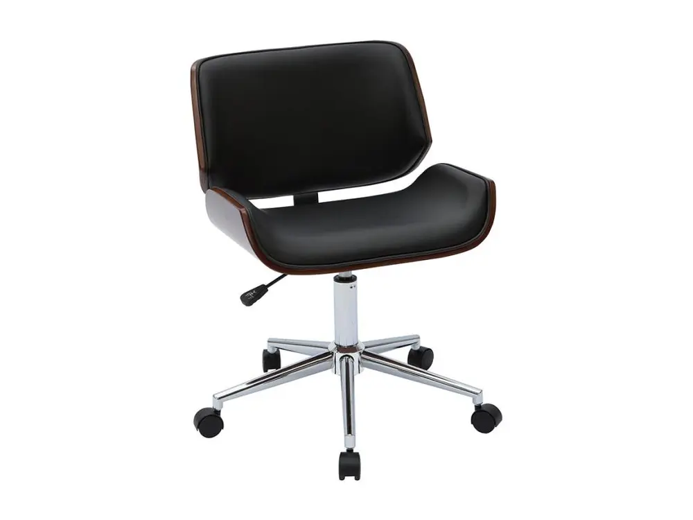 Haute Gamme Confort Chaise de bureau à roulettes design noir, bois sombre noyer et acier chromé RUBBENS