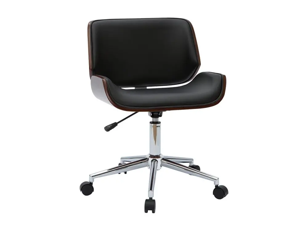 Haute Gamme Confort Chaise de bureau à roulettes design noir, bois sombre noyer et acier chromé RUBBENS