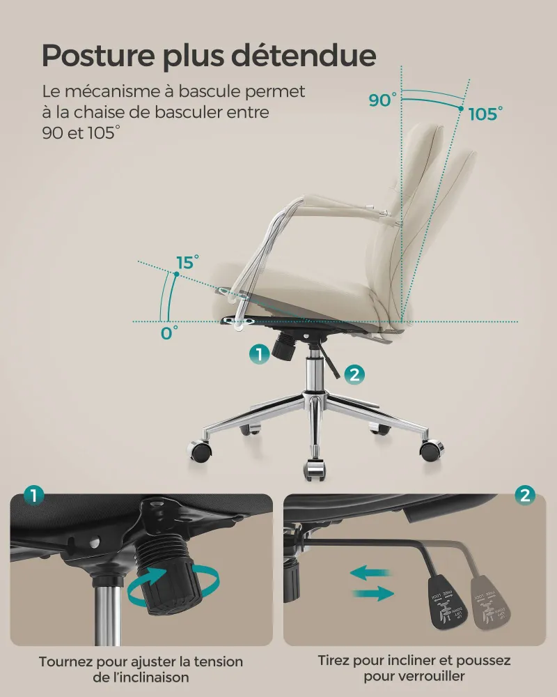 Canapé d'accueil Chaise de bureau pivotante fauteuil ergonomique surface en pu facile à nettoyer hauteur réglable dossier...