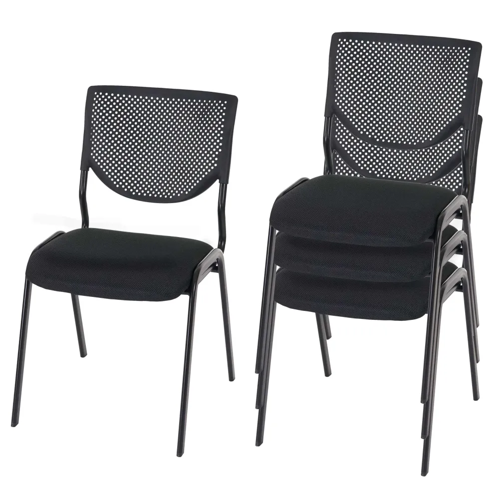 Canapé design Lot de 4 chaises de bureau sans roulettes conférence réunion empilable en tissu maille noir 04_0000550