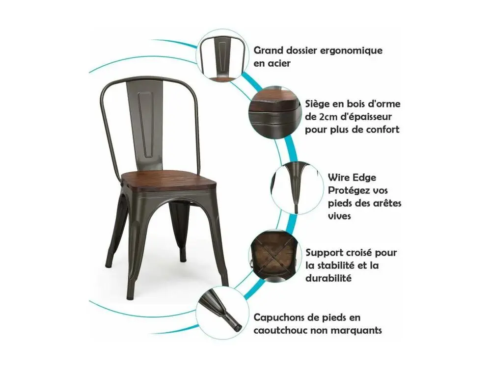 Canapé modulaire Lot 4 chaises salle à manger empilable de style industriel, 52 x 44 x 84cm