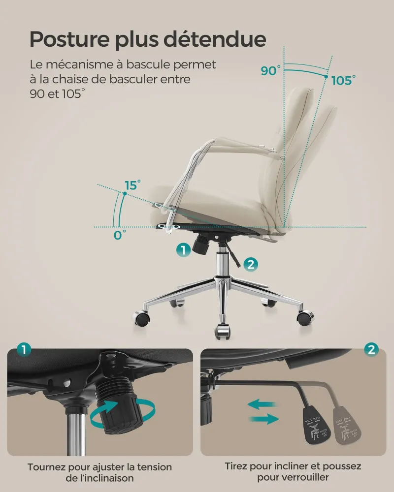 Chaise de bureau pivotante fauteuil ergonomique surface en pu pratique à nettoyer hauteur réglable dossier confortable ass...