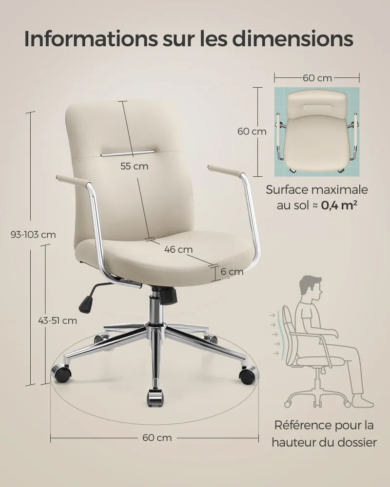 Chaise de bureau pivotante fauteuil ergonomique surface en pu pratique à nettoyer hauteur réglable dossier confortable ass...