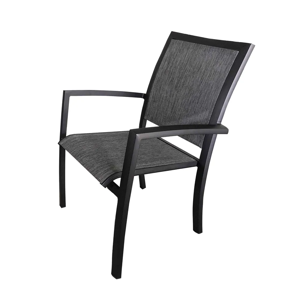 Chaise empilable en aluminium noir avec tissus gris chiné, 24" x 21" x 36" avec repose-tête