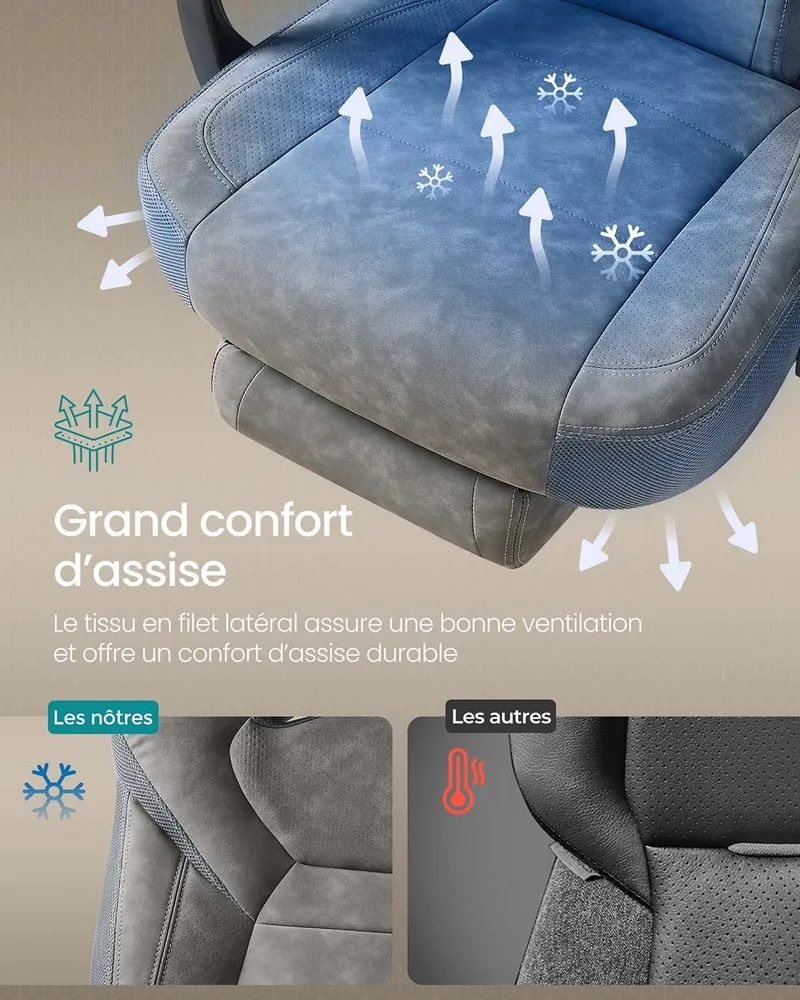 Chaise à roulettes Fauteuil de bureau confortable 10 cm d’épaisseur hauteur réglable ergonomique gris 12_0005899
