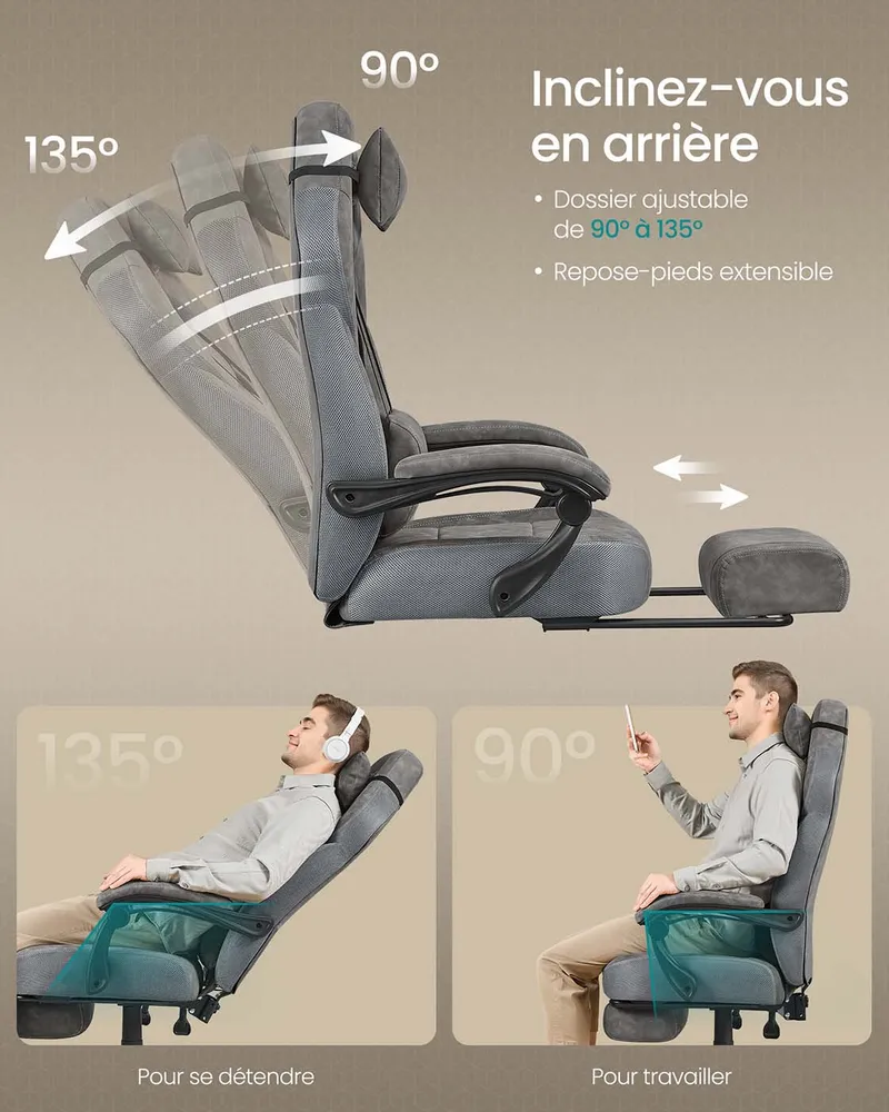 Chaise à roulettes Fauteuil de bureau confortable 10 cm d’épaisseur hauteur réglable ergonomique gris 12_0005899