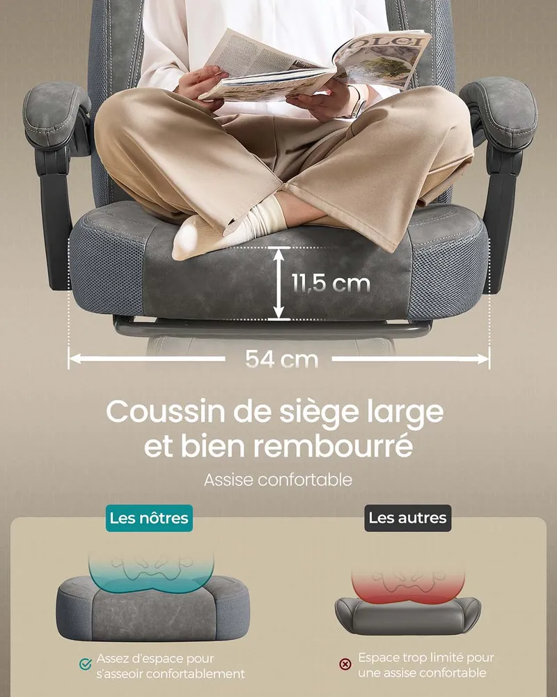 Chaise à roulettes Fauteuil de bureau confortable 10 cm d’épaisseur hauteur réglable ergonomique gris 12_0005899