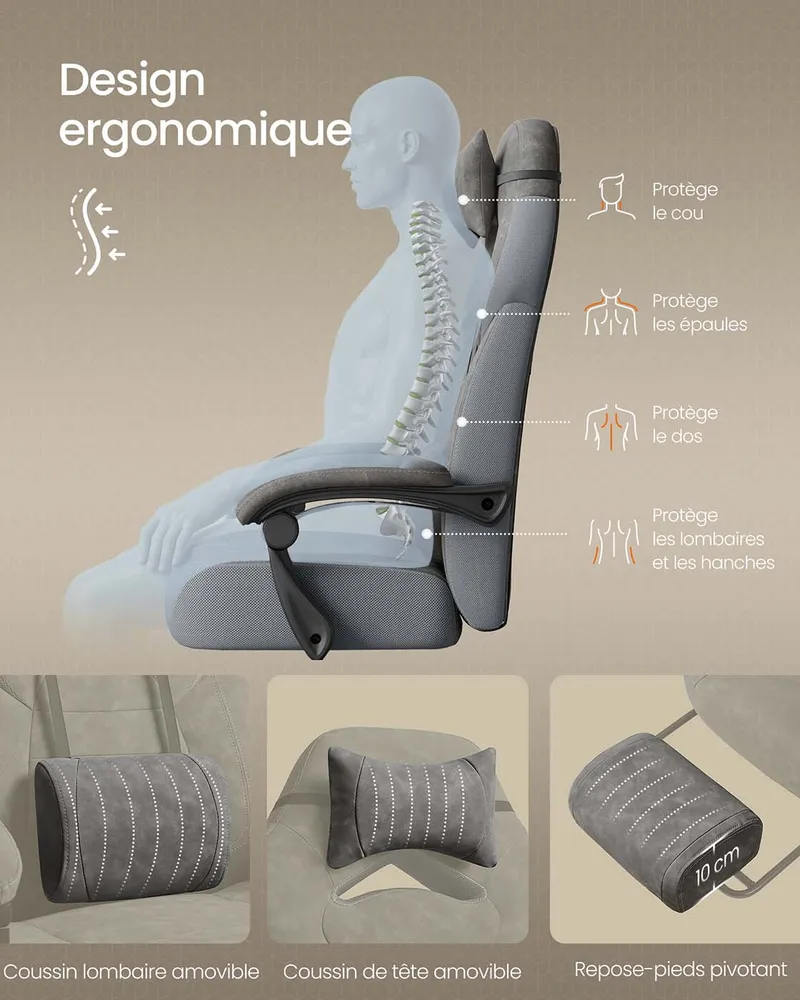 Chaise à roulettes Fauteuil de bureau confortable 10 cm d’épaisseur hauteur réglable ergonomique gris 12_0005899