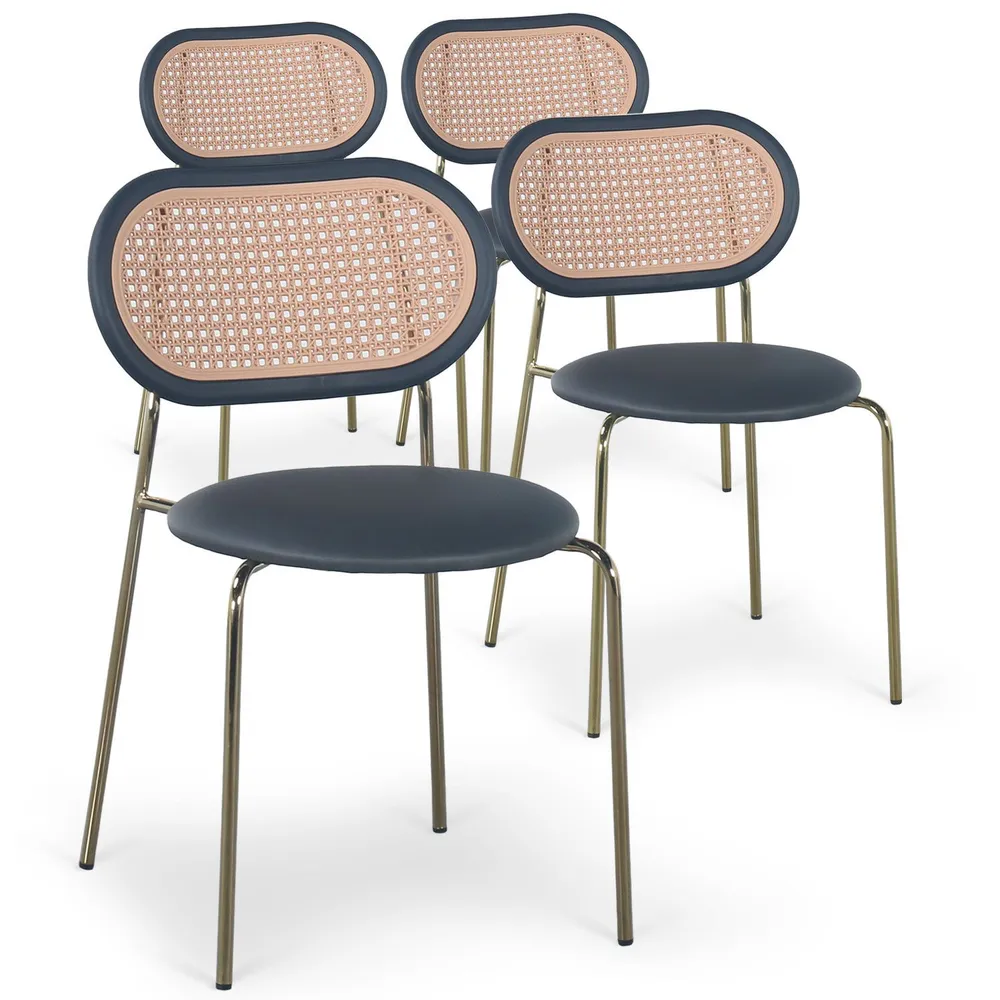 Chaise à roulettes Lot de 4 chaises empilables effet cannage Bertille Métal Or et Velours Noir