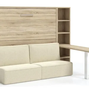 Lit escamotable 160x200 canapé etagere bureau Prolok-Canapé Beige-Avec étagère-Structure et Façade Chêne clair-Avec bureau...