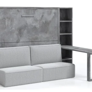 Lit escamotable 160x200 canapé etagere bureau Prolok-Avec matelas-Canapé Gris clair-Avec étagère-Structure et Façade Gris...