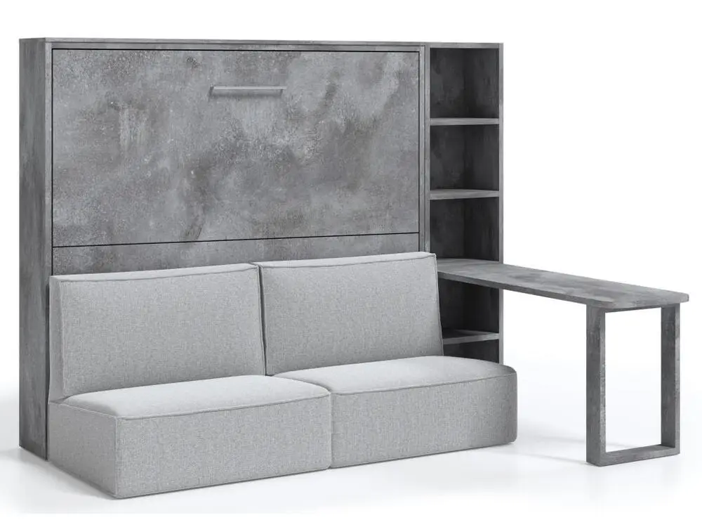 Lit escamotable 160x200 canapé etagere bureau Prolok-Avec matelas-Canapé Gris clair-Avec étagère-Structure et Façade Gris...