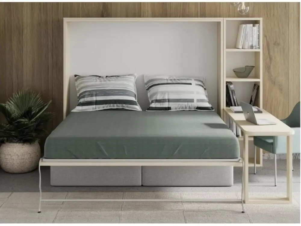 Lit escamotable 160x200 canapé etagere bureau Prolok-Avec matelas-Canapé Gris clair-Avec étagère-Structure et Façade Gris...