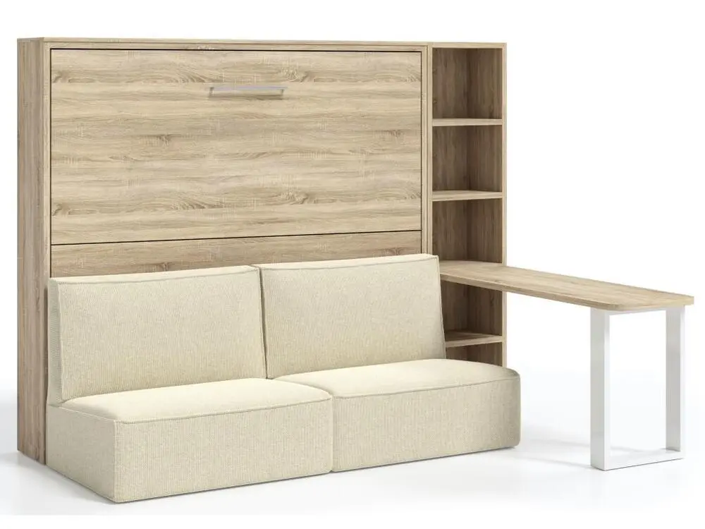 Lit escamotable 160x200 canapé etagere bureau Prolok-Avec matelas-Canapé Gris clair-Avec étagère-Structure et Façade Gris...