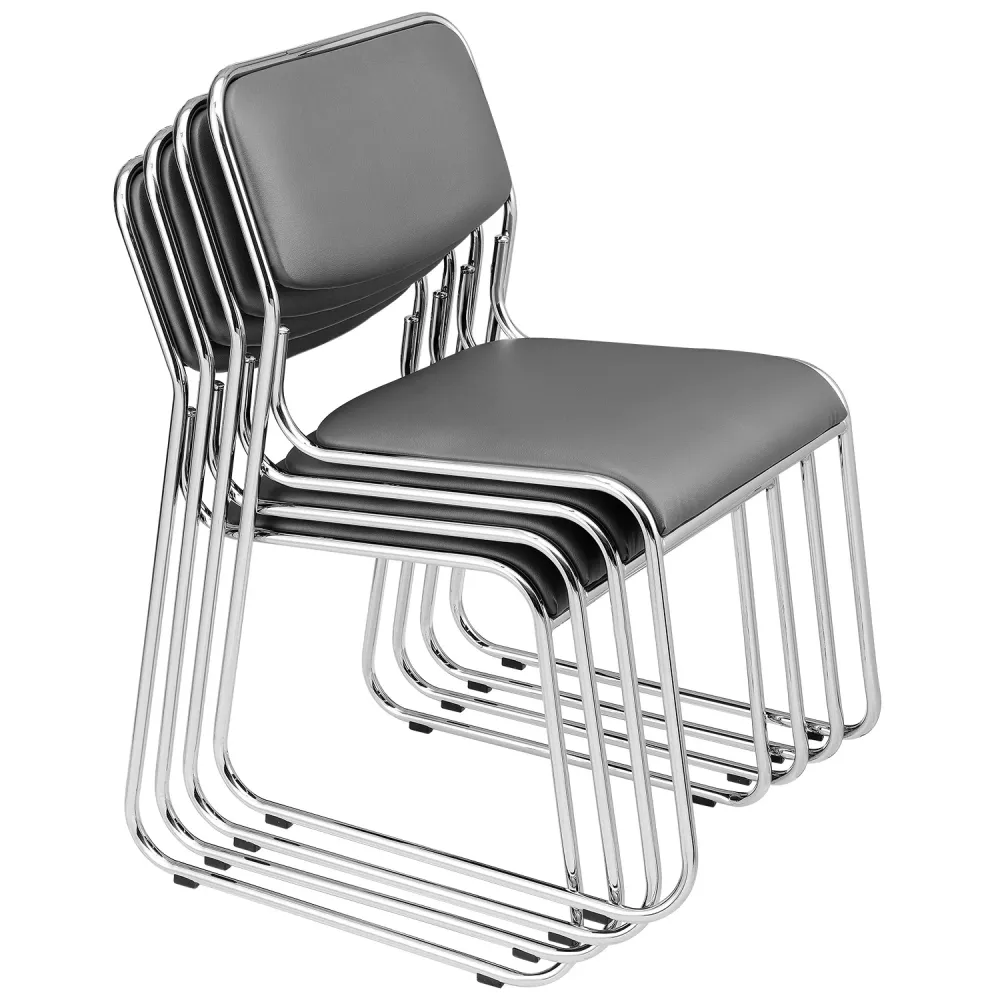 Lot de 4 chaises de bureau de conférence empilable en synthétique gris cadre métal chromé 03_0002796 pour 8 heures de travail