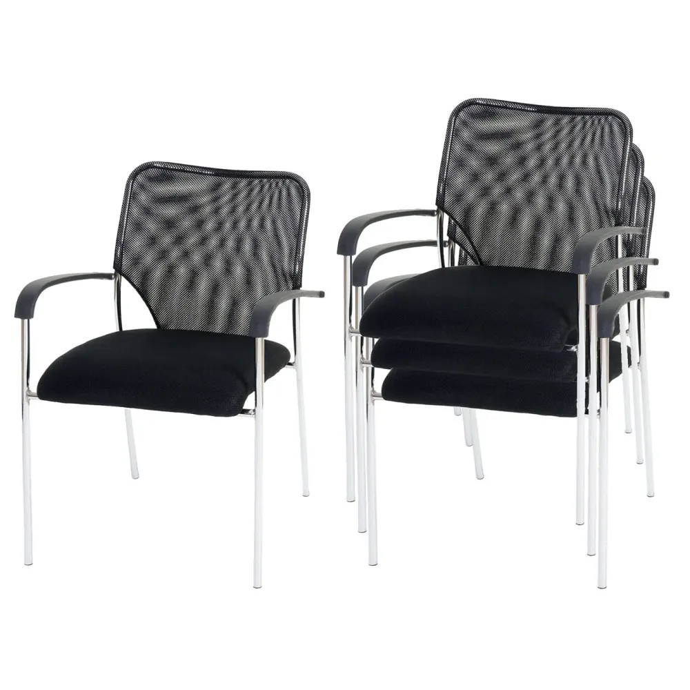 Lot de 4 chaises de bureau sans roulettes avec accoudoirs conférence réunion empilable en tissu maille noir 04_0000552 ave...