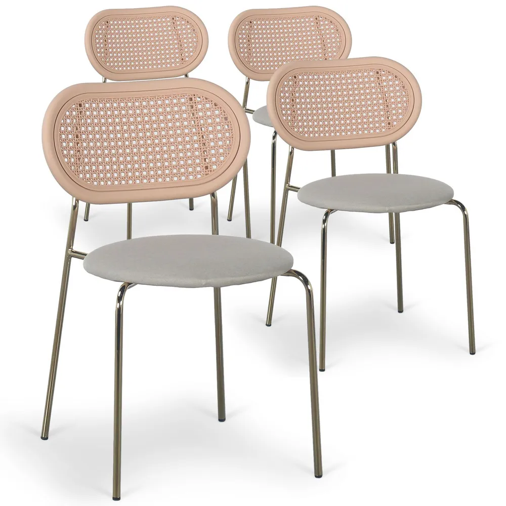 Lot de 4 chaises empilables effet cannage Bertille Métal Or et Tissu Écru