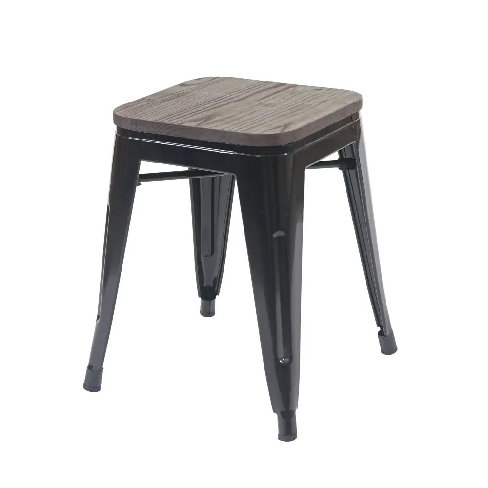 Tabouret bas avec assise en bois design industriel empilable en métal noir 04_0005325 avec mécanisme basculant