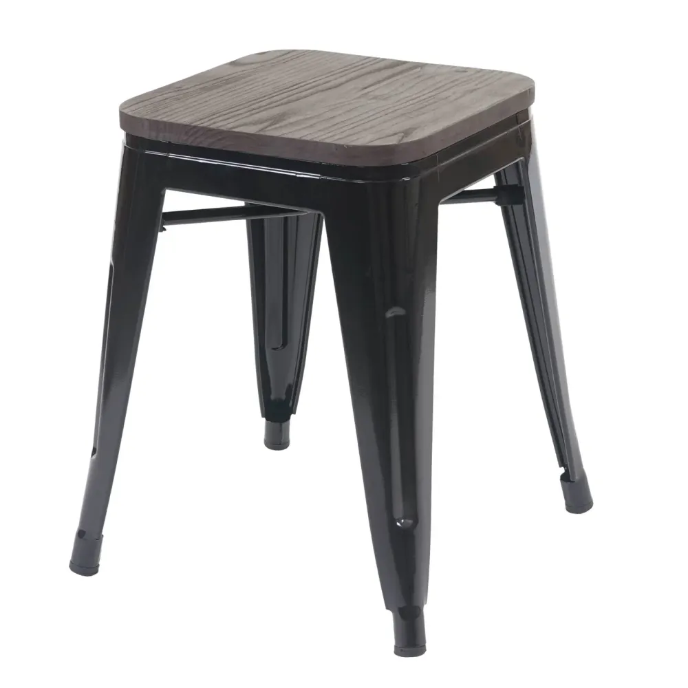 Tabouret bas avec assise en bois design industriel empilable en métal noir 04_0005325 avec mécanisme basculant