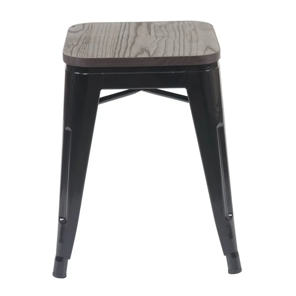 Tabouret bas avec assise en bois design industriel empilable en métal noir 04_0005325 avec mécanisme basculant