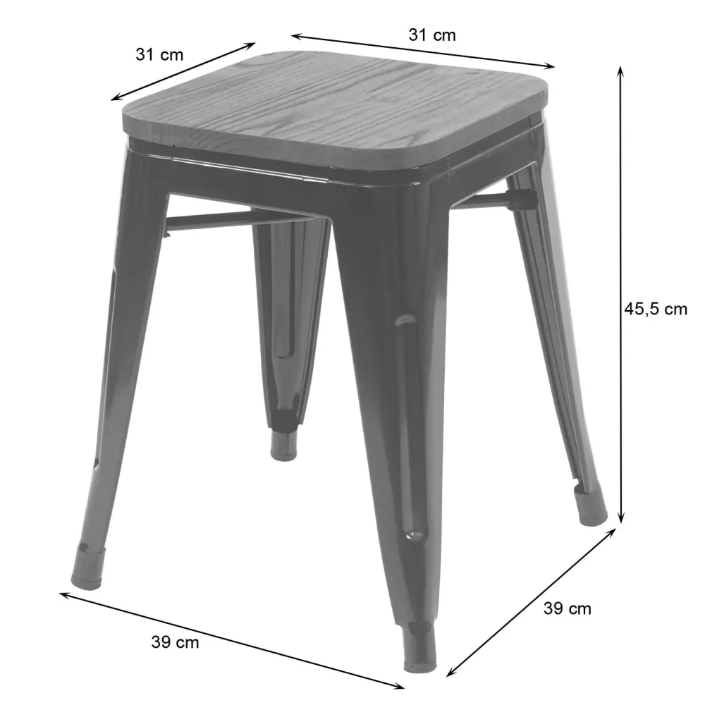 Tabouret bas avec assise en bois design industriel empilable en métal noir 04_0005325 avec mécanisme basculant