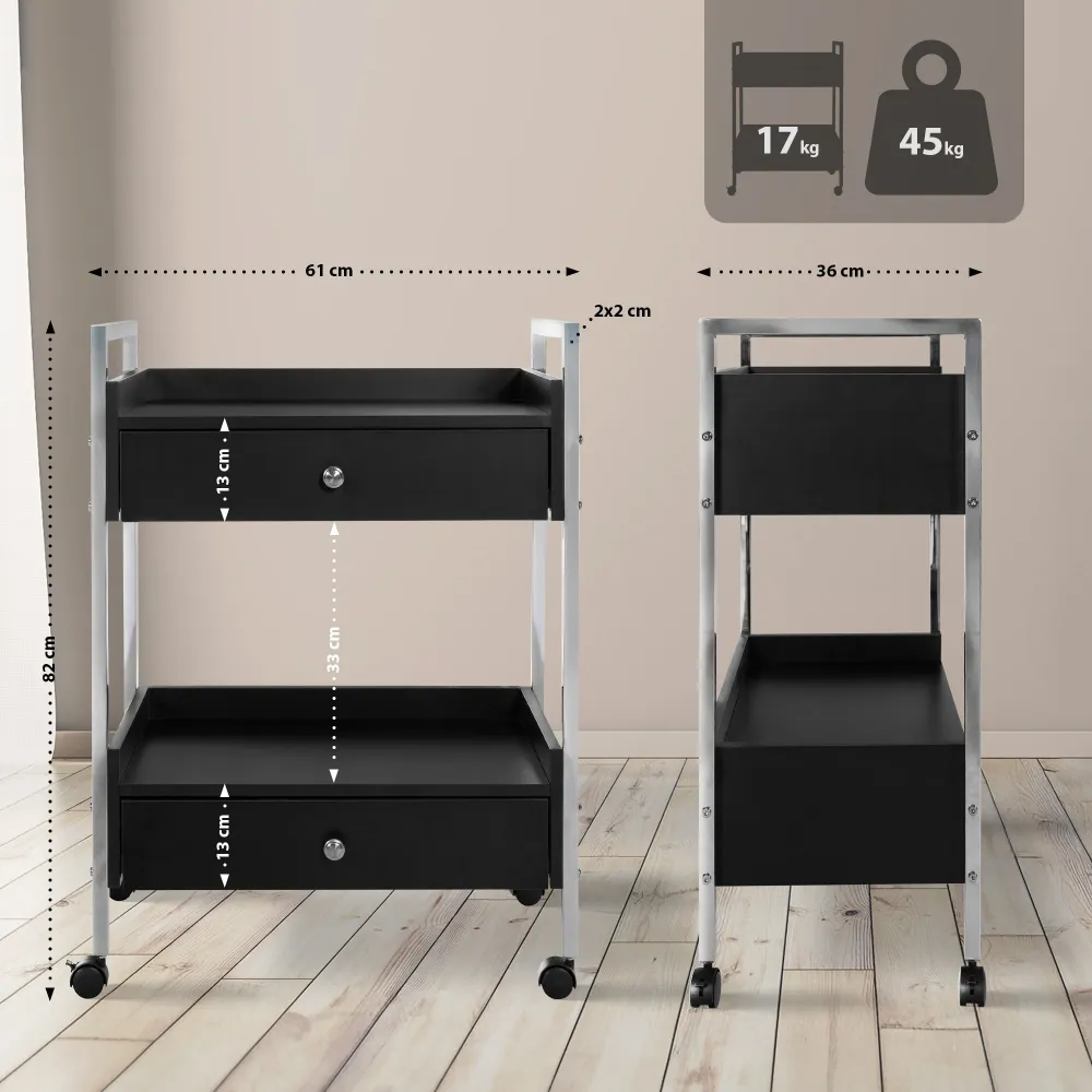 Bureau Ergonomique Chariot de rangement professionnel à roulettes – 2 tiroirs et 2 étagères – Métal et MDF noir 10_0008221