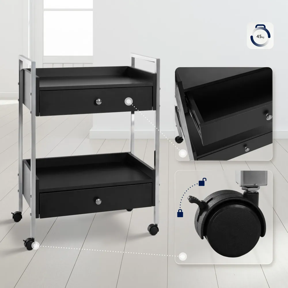 Bureau Ergonomique Chariot de rangement professionnel à roulettes – 2 tiroirs et 2 étagères – Métal et MDF noir 10_0008221