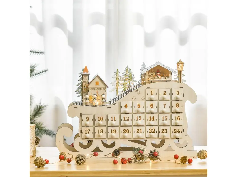 Calendrier de l'Avent LED traineau - 10 lumières blanc chaud - 24 tiroirs - décoration lumineuse de Noël - écru avec Roule...