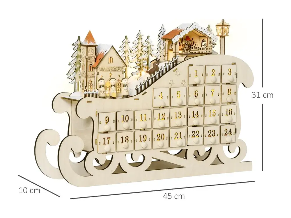 Calendrier de l'Avent LED traineau - 10 lumières blanc chaud - 24 tiroirs - décoration lumineuse de Noël - écru avec Roule...